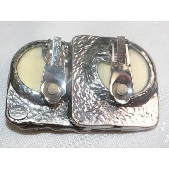 Vintage Les Bernard Signed Silver Tone and Cream Clip-On Earrings Lot 3 - Picture 2 of 9